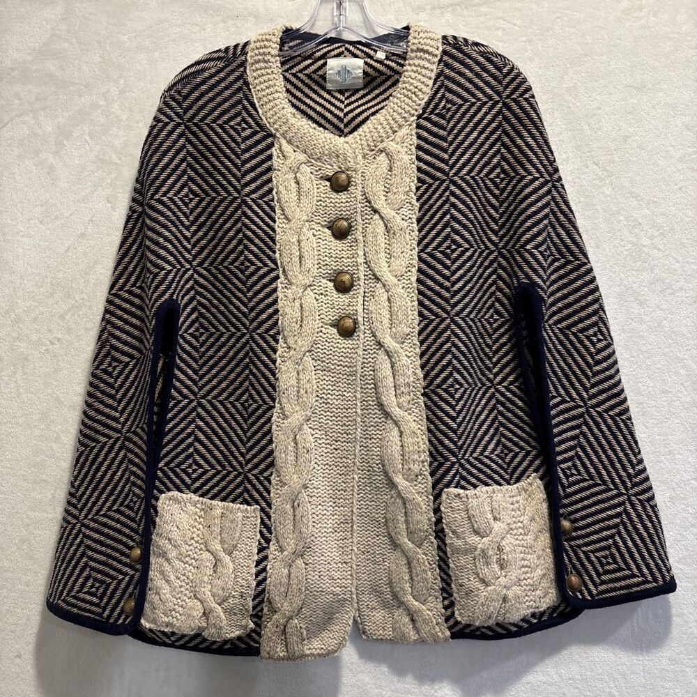 Anthropologie HWR Cape Cardigan Wool Blend Cable Knit Navy Ivory Jacket S/M